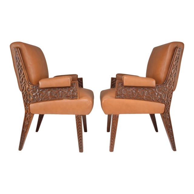 Mid-Century Art Deco Armchairs With Hand-Carved Moorish Frame, 1950s For Sale