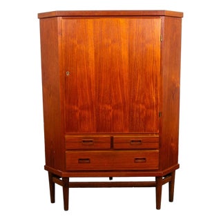 Mid Century Danish Modern Corner Cabinet Unit Teak MCM Denmark Large 3 Drawers For Sale