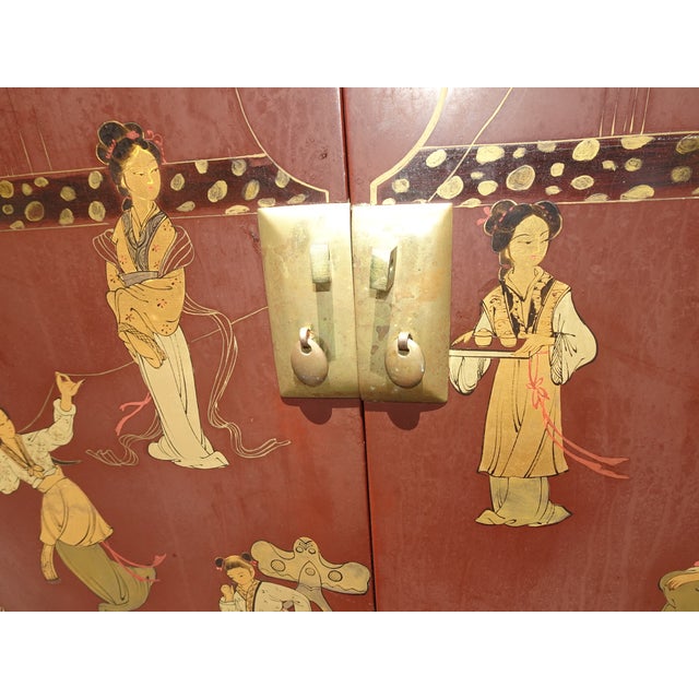 Vintage Chinese Asian Burgundy Lacquer Floral Chinoiserie Cabinet ~ Side Table For Sale - Image 14 of 17
