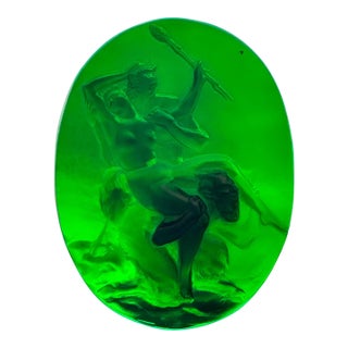Vintage Green Glass Relief "Nymph With Two Satyrs" For Sale
