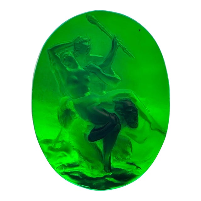 Vintage Green Glass Relief "Nymph With Two Satyrs" For Sale