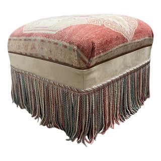 Vintage Turkish Rug Footstool/Ottoman W/ Bullion Trim For Sale