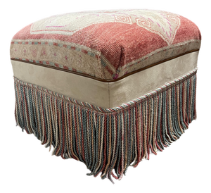 Vintage Turkish Rug Footstool/Ottoman W/ Bullion Trim