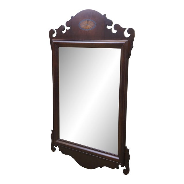 Vintage Federal Chippendale Mahogany Inlaid Beveled Glass Mirror 37" For Sale