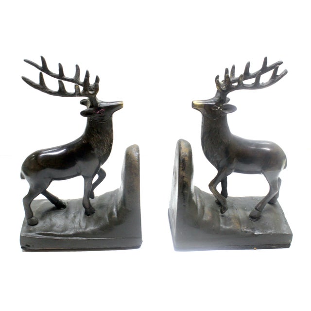 Mid-Century Modern Bookend Pair – Midwest of Cannon Falls Cast Metal Lodge-Style Stag Deer 1970s For Sale - Image 3 of 14