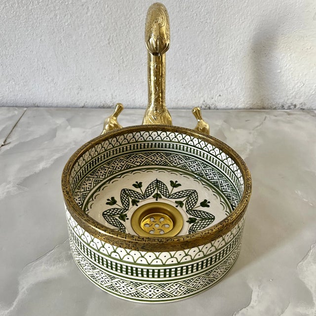 Small Green Sink for Bathroom, Rustic Ceramic Basin, Round Washbasin With Brass Drain For Sale - Image 4 of 8