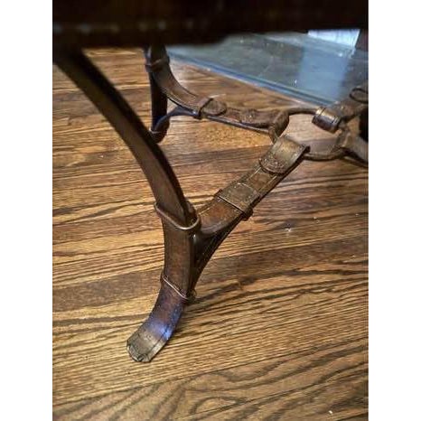 English Vintage Table-Rare & Beautiful Equestrian Iron & Glass Side Table Adnet / Hermès Style Bridle Base For Sale - Image 3 of 4