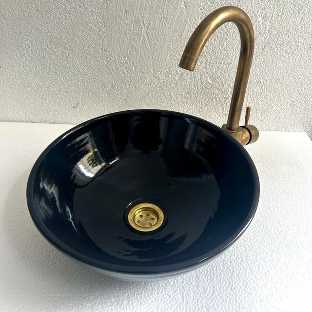 Contemporary Black Round Ceramic Blacked Vanity Vessel Sink Basin, Brass Drain For Sale - Image 3 of 9
