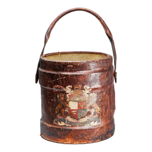 Regal Coat of Arms Armorial Antique Leather Cordite Carrier Bucket Home Decor Storage English Country Style
