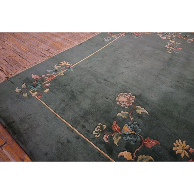 1930s Solid Green Field Floral Antique Chinese Art Deco Carpet Rug For Sale In New York - Image 6 of 9