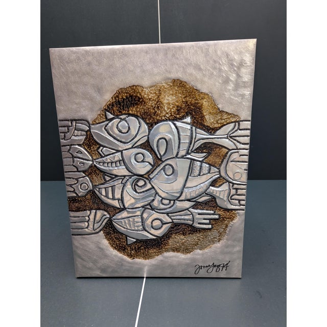 Signed - Brutalist School of Fish Mixed-Metal Relief Wall Sculpture — 1974 For Sale In Atlanta - Image 6 of 7