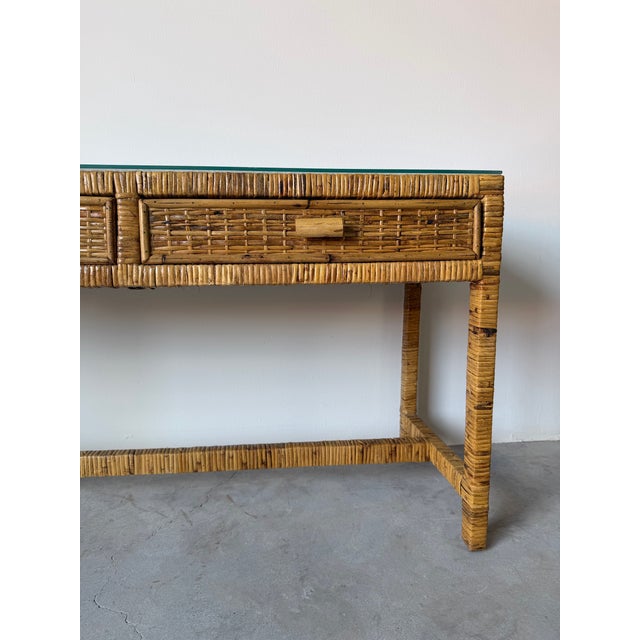 Vintage Palm Beach Regency Coastal Rattan Console Table With Glass Top/ Sold For Sale - Image 10 of 12