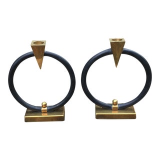 Art Deco Brass Arrow Ring Candlesticks - A Pair For Sale