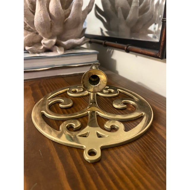 Metal Vintage Polished Brass “Tree of Life” Round Wall Sconces, Candlestick Sconces For Sale - Image 7 of 7