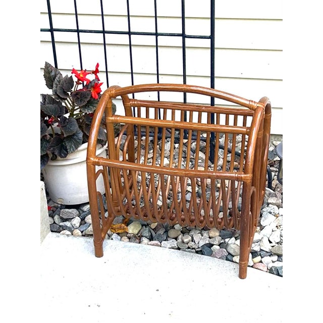 Vintage, Arched Rattan/Bamboo, Magazine/Book Rack, With Dual Compartments, Mid-Century Modern For Sale - Image 4 of 9