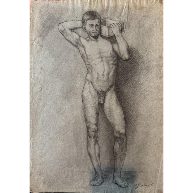 Carl H. Berberich, Male Nude with Box on Shoulder, Pencil on Paper, in Very Good conditions. Designed 1890 to 1919 This...