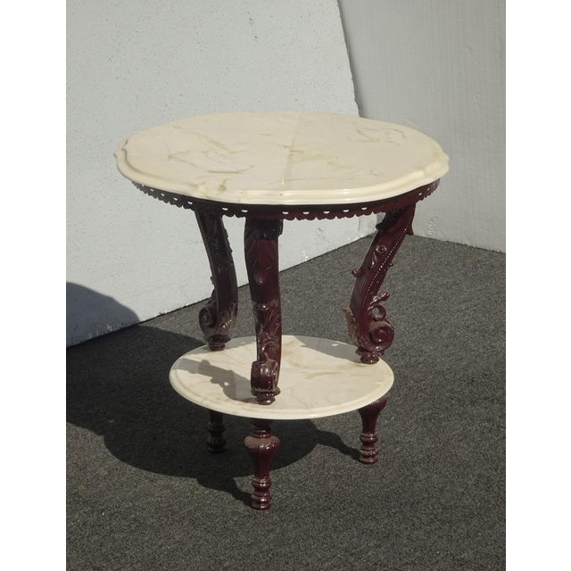 Victorian Pair of Vintage Victorian Style Two Tier Marble Top Side Tables ~ Accent Tables For Sale - Image 3 of 17