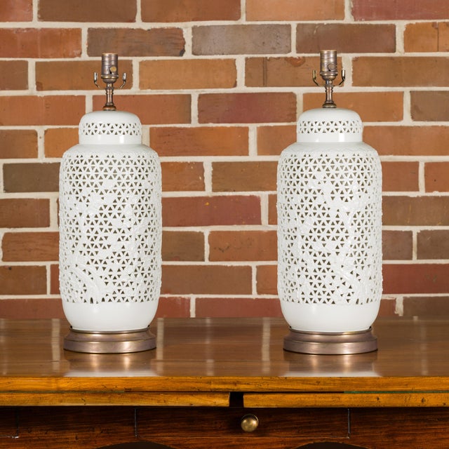19th Century 19th Century White Porcelain Vases with Floral Décor Made into Table Lamps, Pair For Sale - Image 5 of 12