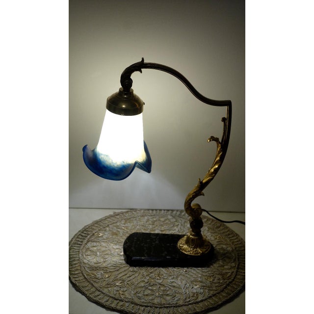 1920s Antique Brass and Marble Pate De Verre Table Lamp, France, 1920s For Sale - Image 5 of 11
