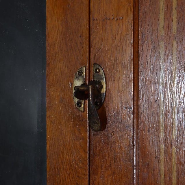 Wood Antique Hoosier Oak Porcelain Top Cabinet With Mirror Unsigned For Sale - Image 7 of 13