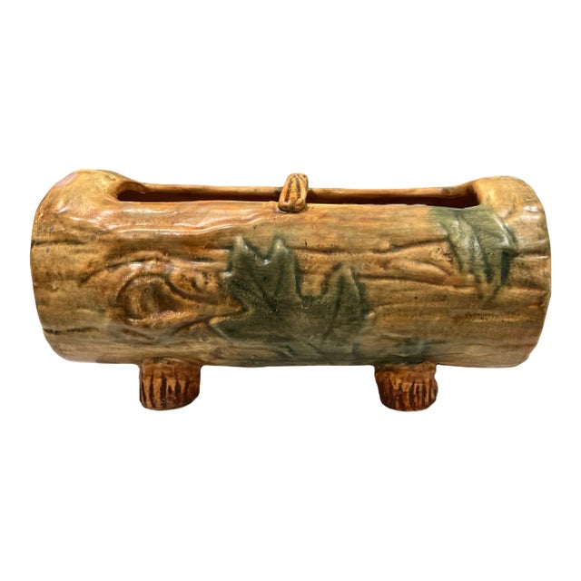 1920s Weller Pottery Faux Bois Oak Leaf Woodcraft Log Jardiniere For Sale