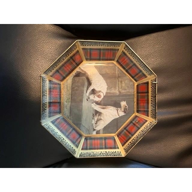 This octagonal glass plate features detailed decoupage designs, hand-finished in the signature style of artist Durwin...