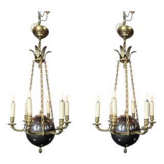 Empire Chandeliers in Sheet Metal, Bronze and Brass, 19th Century, Set of 2 For Sale
