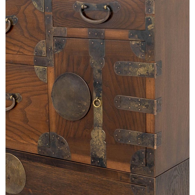 Wood Korean Brass Mounted Three-Part Elm Tansu Chest For Sale - Image 7 of 11