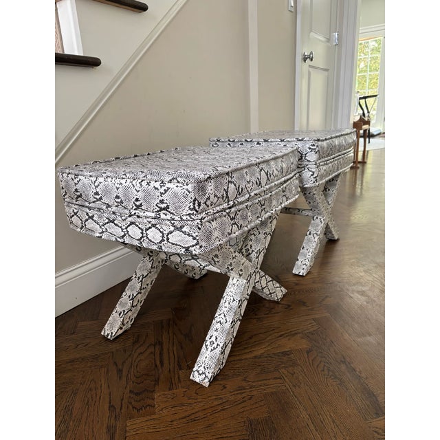Mid-Century Modern Pair of Faux Python Upholstered X-Base Benches For Sale - Image 3 of 4