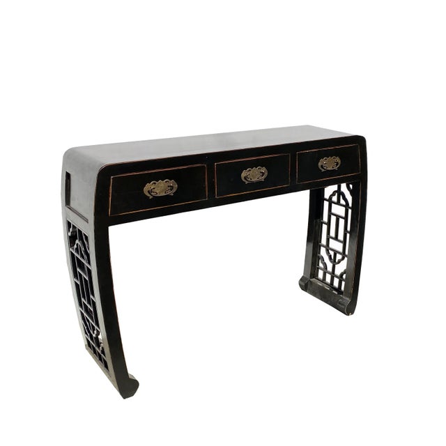 2010s Black Lacquer Curve Panel Legs 3 Drawers Slim Foyer Side Table For Sale - Image 5 of 7