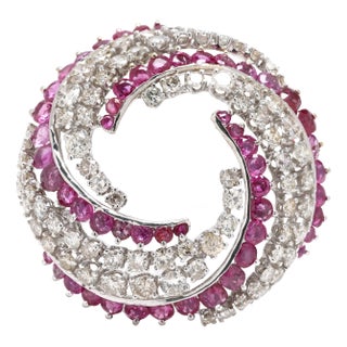 1980s 6.1ctw Ruby and Diamond Swirl Brooch, 14k White Gold For Sale