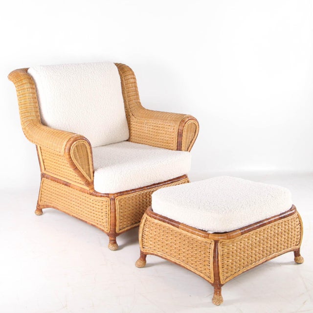 Set of Wicker Bergere Armchair and Ottoman, 1970s For Sale - Image 16 of 17