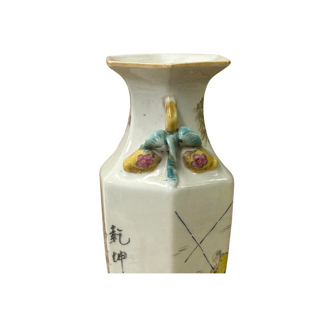 Ceramic Chinese Scenery Graphic Hexagonal White Porcelain Art Vase 2 For Sale - Image 7 of 17