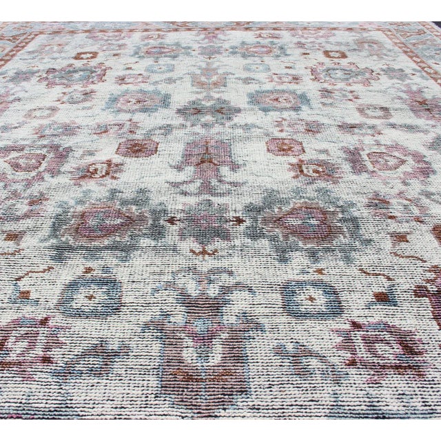 Textile Modern Oushak Rug With Soft Blue, Rose, and Warm Terracotta Accents For Sale - Image 7 of 13