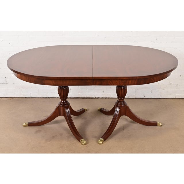 Wood Henkel Harris Georgian Banded Mahogany Double Pedestal Extension Dining Table, Newly Refinished For Sale - Image 7 of 14