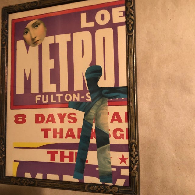 Original collage done with vintage papers in antique frame signed on reverse overall size with vintage frame 9.75 x 12.75