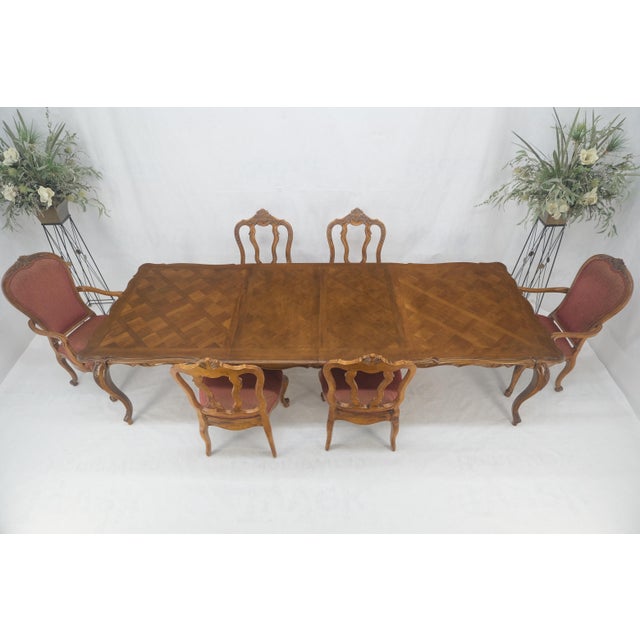 Late 20th Century Country French Parquetry Top Table 6 Dining Chairs 2X22" Extension Board Leafs For Sale - Image 5 of 17