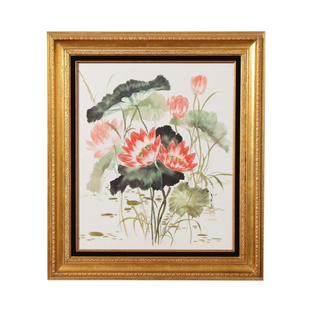 Vintage Chinese Water Lily Watercolor Painting For Sale - Image 13 of 13