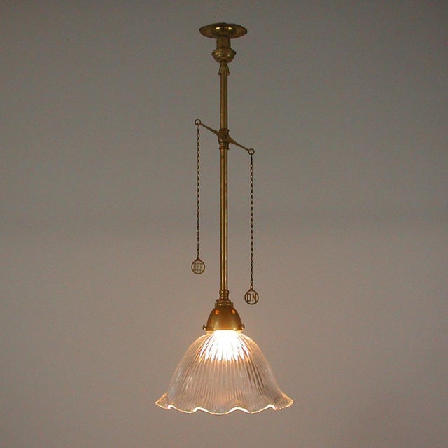 1920s Art Deco Holophane Glass and Aged Brass Pendants, 1920s, Set of 2 For Sale - Image 5 of 18