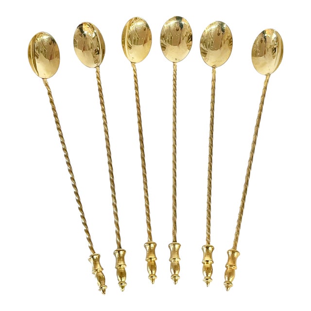 Vintage Gold Plated Twist Cocktail Iced Tea Spoons- Set of 6 For Sale