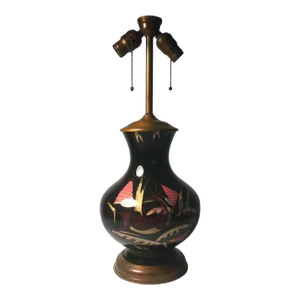 European Deco Modern Reverse Painted Black Glass Gazelle Table Lamp