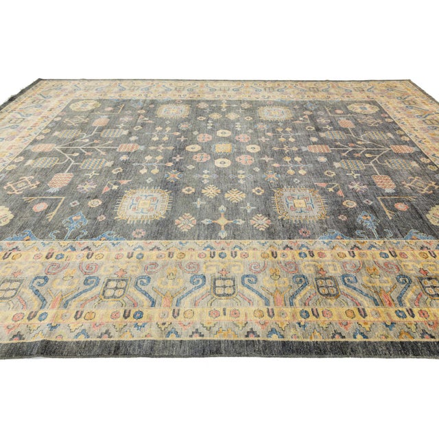 Modern Khotan Style Hand-Knotted Wool Rug Charcoal & Gold Transitional Area Rug For Sale In New York - Image 6 of 11