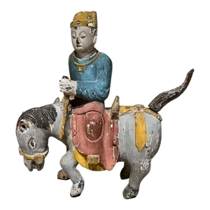 Antique Chinese Colorful Glazed Hand Carved Wood Horse With Rider