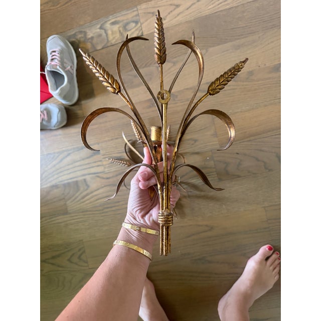 Maison Jansen Vintage Italian Gilt Iron Wheat Sheaf Candle Wall Sconces - a Pair For Sale - Image 4 of 5
