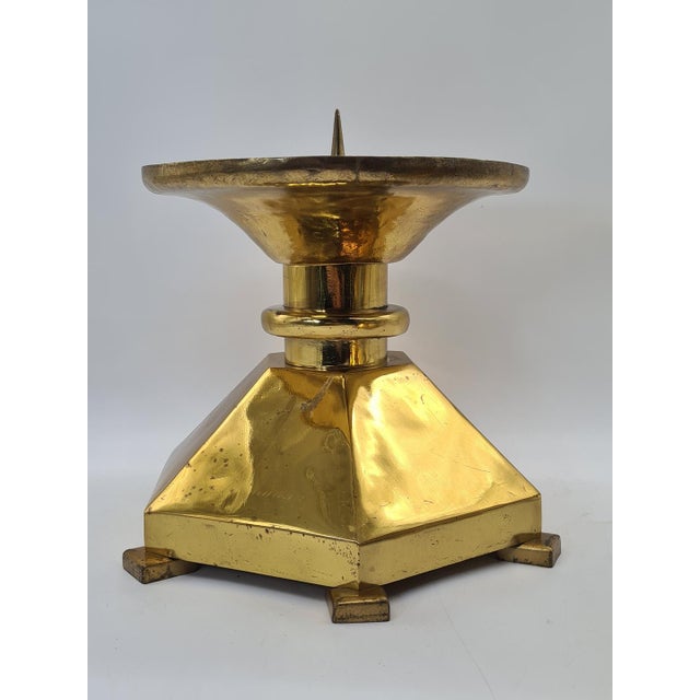 Gold Large Brutalist Brass Candlesticks, Europe, 1970s, Set of 2 For Sale - Image 8 of 11