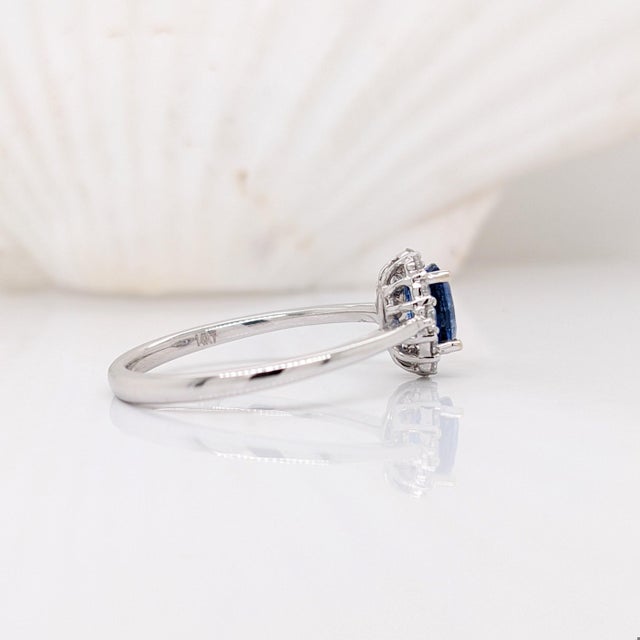 Ceylon Sapphire Ring W Earth Mined Diamonds in Solid 14k White Gold Oval 6x4mm, Size 6.75 For Sale - Image 4 of 10
