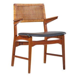 E. Knudsen for Jensen & Lykkegaard Model 48 Mid Century Danish Teak and Cane Dining Arm Chair For Sale