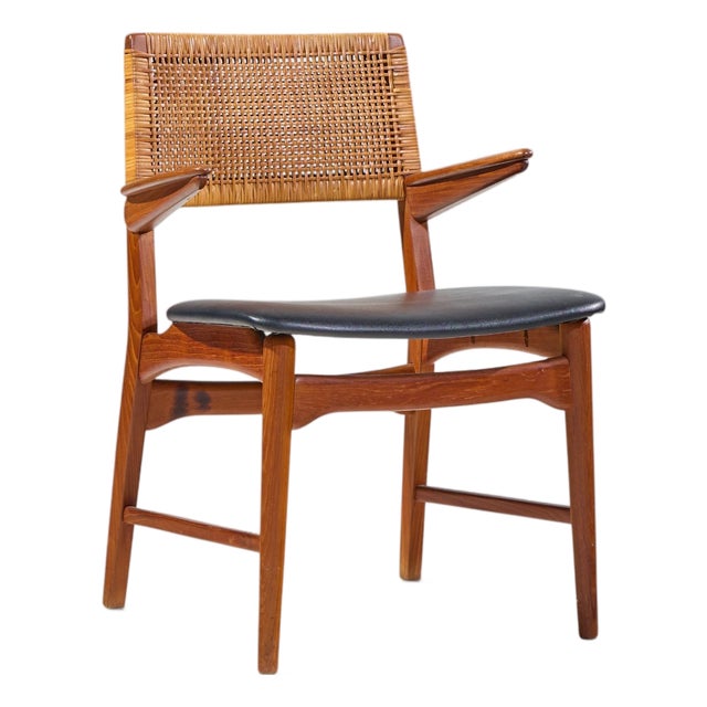 E. Knudsen for Jensen & Lykkegaard Model 48 Mid Century Danish Teak and Cane Dining Arm Chair For Sale