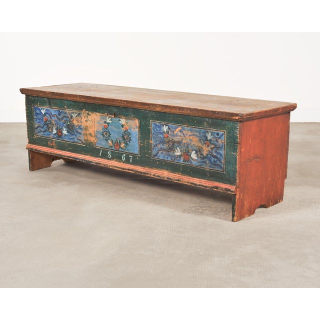 Folk Art 19th Century Swedish Folk Art Painted Pine Blanket Chest Trunk 6 Ft For Sale - Image 3 of 18
