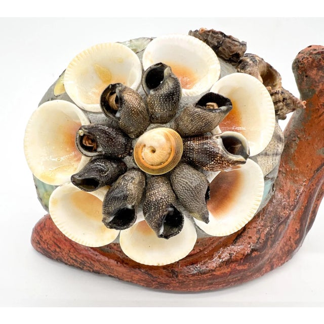 Vintage Folk Art Cement Snail Figurine With Seashell Floral Shell – Coastal Paperweight Decor For Sale - Image 9 of 11
